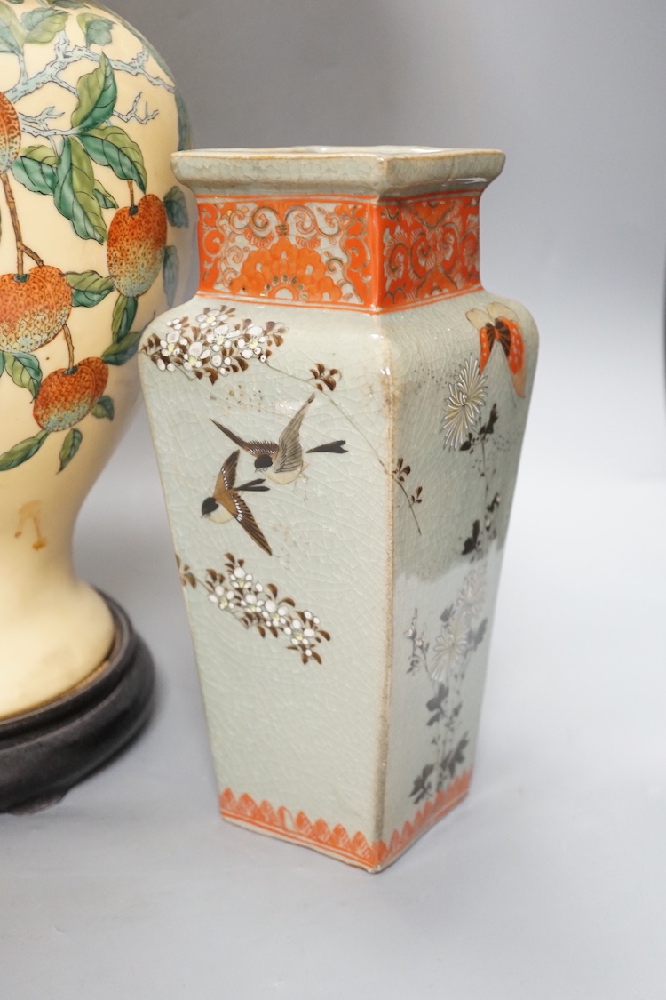 A Chinese porcelain lamp and a Japanese square baluster vase, 25.5cm